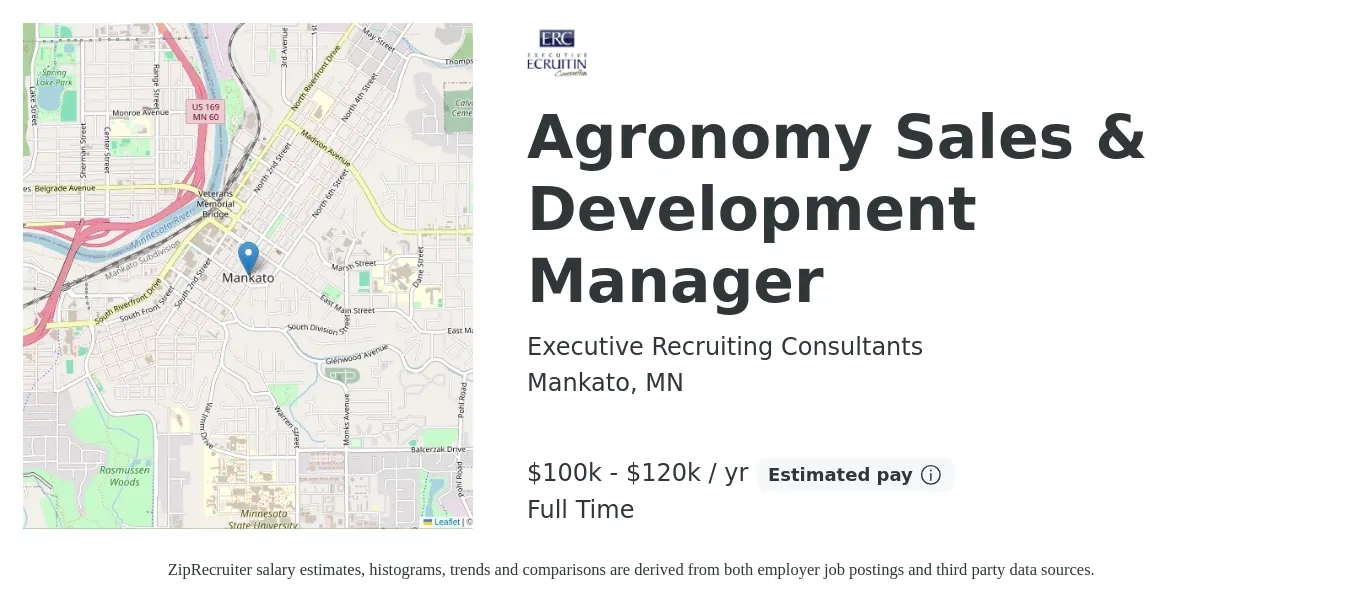 Executive Recruiting Consultants job posting for a Agronomy Sales & Development Manager in Mankato, MN with a salary of $100,000 to $120,000 Yearly with a map of Mankato location.