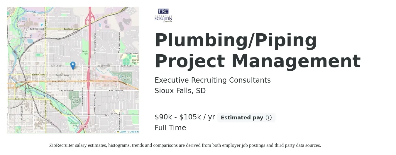 Executive Recruiting Consultants job posting for a Plumbing/Piping Project Management in Sioux Falls, SD with a salary of $90,000 to $105,000 Yearly with a map of Sioux Falls location.