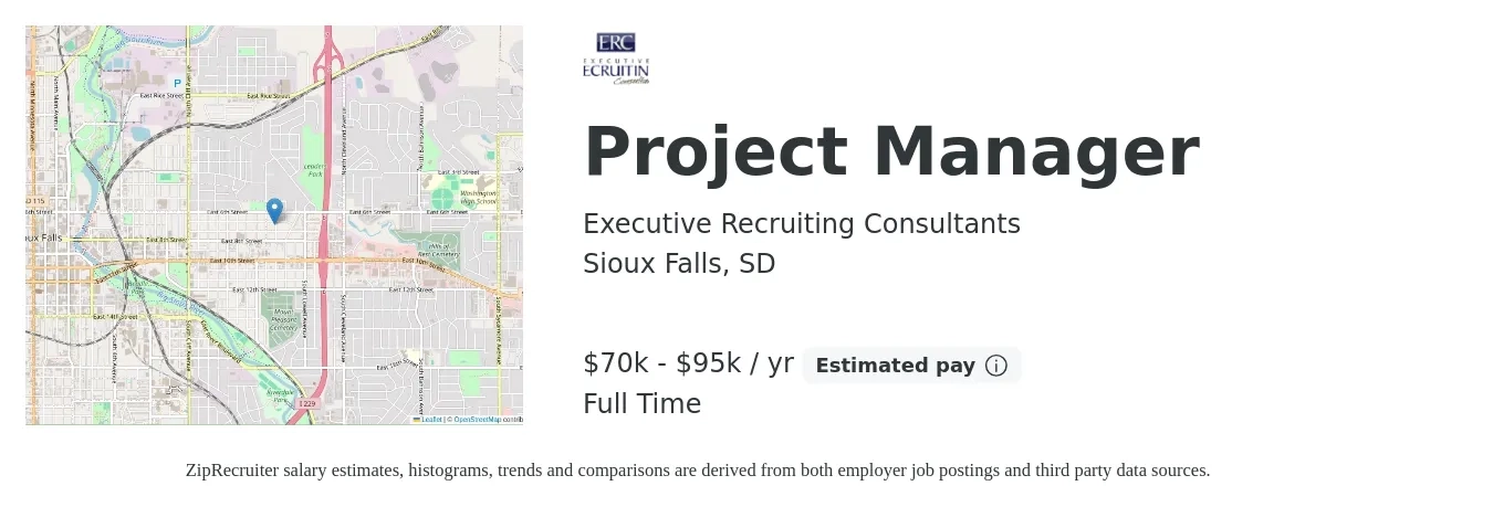 Executive Recruiting Consultants job posting for a Project Manager in Sioux Falls, SD with a salary of $70,000 to $95,000 Yearly with a map of Sioux Falls location.