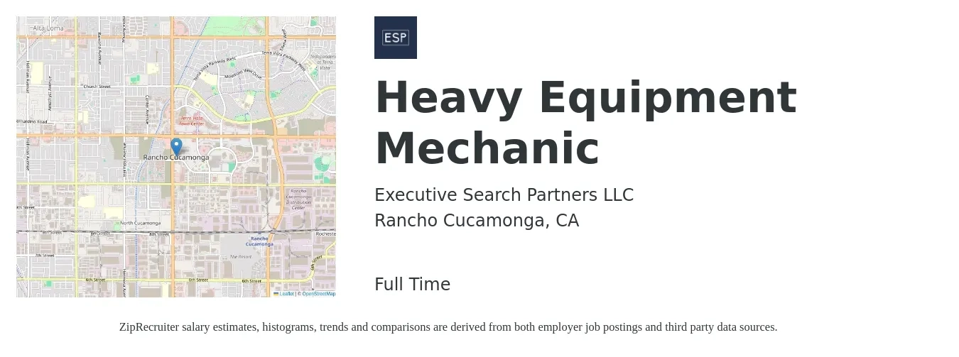 Executive Search Partners LLC job posting for a Heavy Equipment Mechanic in Rancho Cucamonga, CA with a salary of $26 to $35 Hourly with a map of Rancho Cucamonga location.