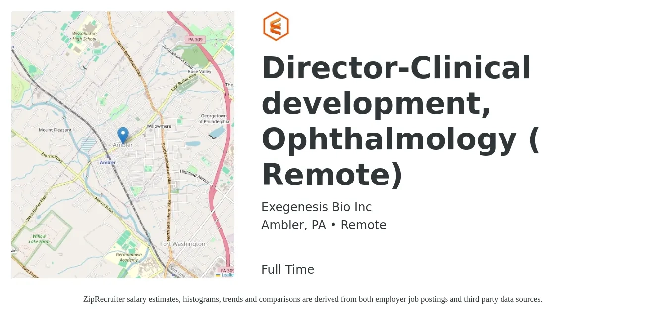 Exegenesis Bio Inc job posting for a Director-Clinical development, Ophthalmology ( Remote) in Ambler, PA with a salary of $76,900 to $104,800 Yearly with a map of Ambler location.