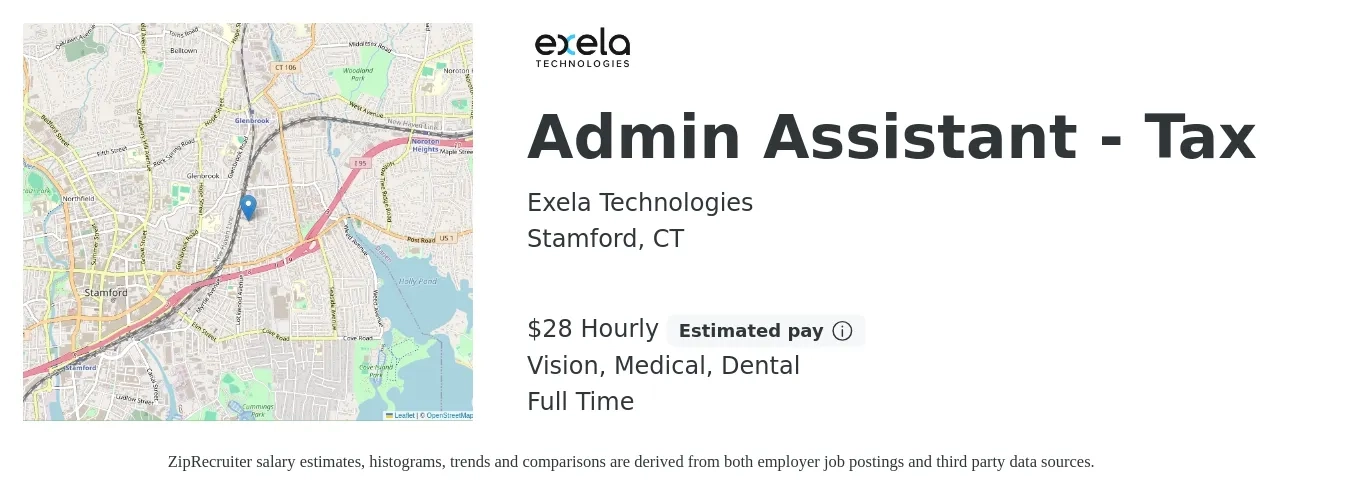 Exela Technologies job posting for a Admin Assistant - Tax in Stamford, CT with a salary of $30 Hourly and benefits including dental, medical, and vision with a map of Stamford location.