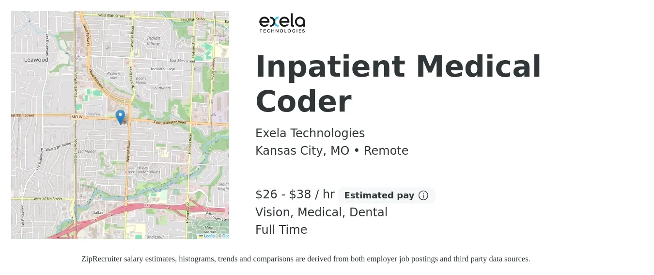 Exela Technologies job posting for a Inpatient Medical Coder in Kansas City, MO with a salary of $28 to $40 Hourly and benefits including dental, life_insurance, medical, pto, retirement, and vision with a map of Kansas City location.
