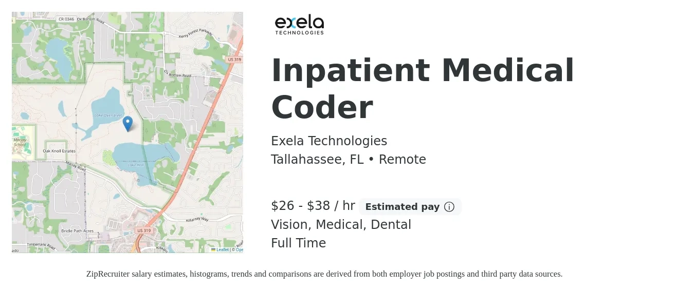 Exela Technologies job posting for a Inpatient Medical Coder in Tallahassee, FL with a salary of $28 to $40 Hourly and benefits including dental, life_insurance, medical, pto, retirement, and vision with a map of Tallahassee location.