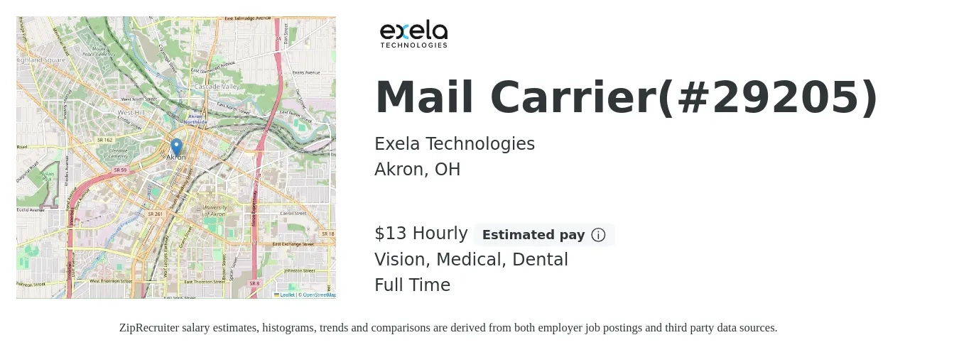 Exela Technologies job posting for a Mail Carrier(#29205) in Akron, OH with a salary of $14 Hourly and benefits including retirement, vision, dental, and medical with a map of Akron location.