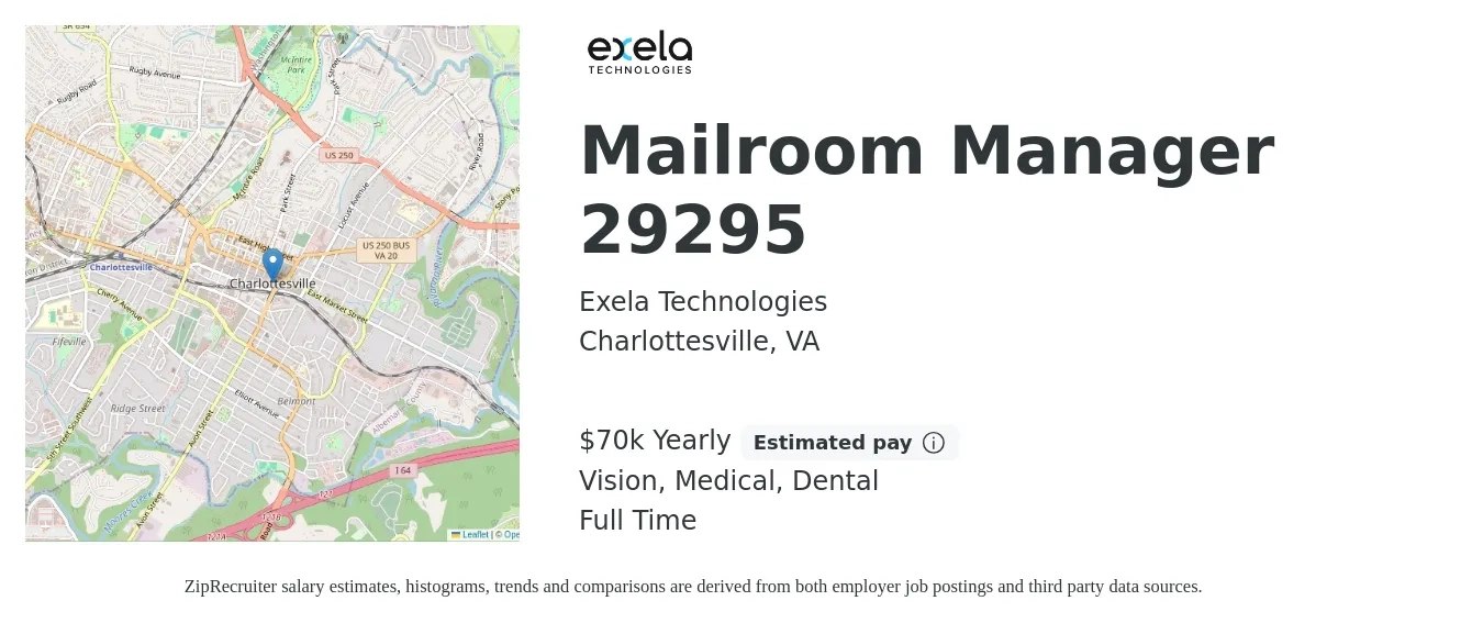 Exela Technologies job posting for a Mailroom Manager 29295 in Charlottesville, VA with a salary of $70,000 Yearly and benefits including medical, vision, and dental with a map of Charlottesville location.