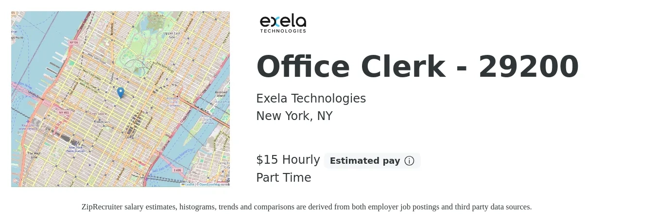 Exela Technologies job posting for a Office Clerk - 29200 in New York, NY with a salary of $16 Hourly with a map of New York location.