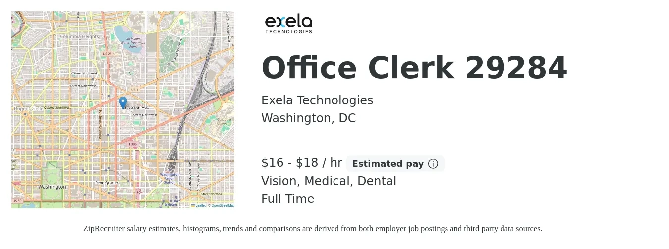 Exela Technologies job posting for a Office Clerk 29284 in Washington, DC with a salary of $18 to $19 Hourly and benefits including medical, vision, and dental with a map of Washington location.