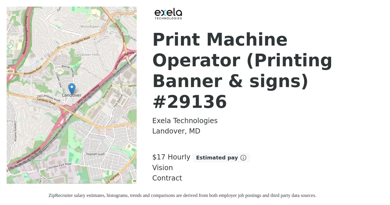 Exela Technologies job posting for a Print Machine Operator (Printing Banner & signs) #29136 in Landover, MD with a salary of $18 Hourly and benefits including vision with a map of Landover location.