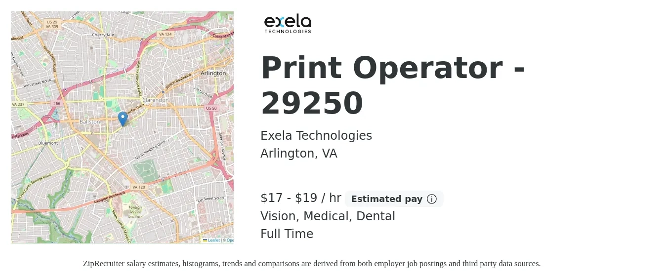 Exela Technologies job posting for a Print Operator - 29250 in Arlington, VA with a salary of $18 to $20 Hourly and benefits including retirement, vision, dental, life_insurance, medical, and pto with a map of Arlington location.