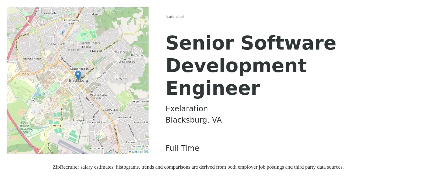 Exelaration job posting for a Senior Software Development Engineer in Blacksburg, VA with a salary of $107,500 to $141,700 Yearly with a map of Blacksburg location.