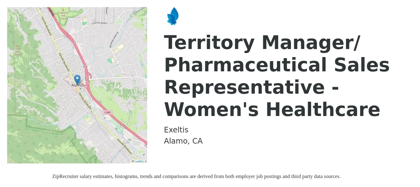Exeltis job posting for a Territory Manager/ Pharmaceutical Sales Representative - Women's Healthcare in Alamo, CA with a salary of $75,600 to $116,100 Yearly with a map of Alamo location.
