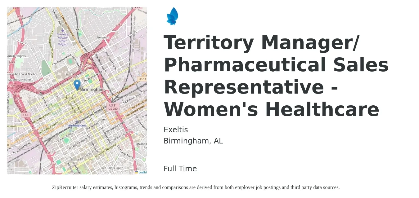 Exeltis job posting for a Territory Manager/ Pharmaceutical Sales Representative - Women's Healthcare in Birmingham, AL with a salary of $60,500 to $92,800 Yearly with a map of Birmingham location.
