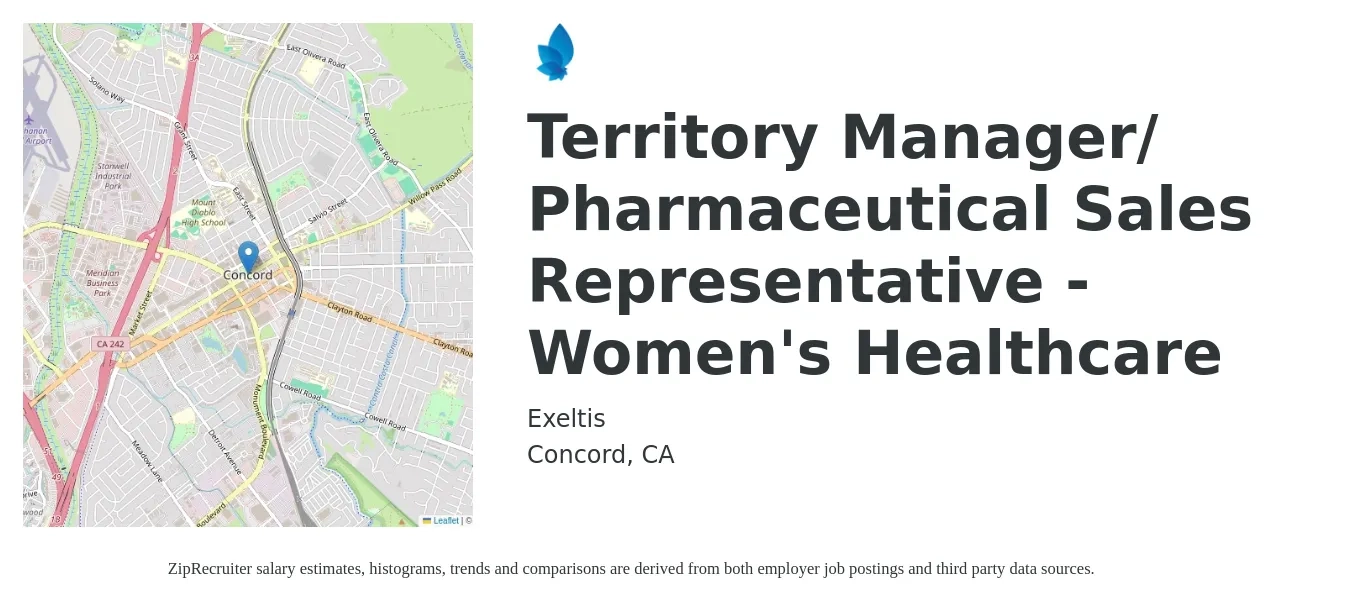 Exeltis job posting for a Territory Manager/ Pharmaceutical Sales Representative - Women's Healthcare in Concord, CA with a salary of $70,500 to $108,200 Yearly with a map of Concord location.