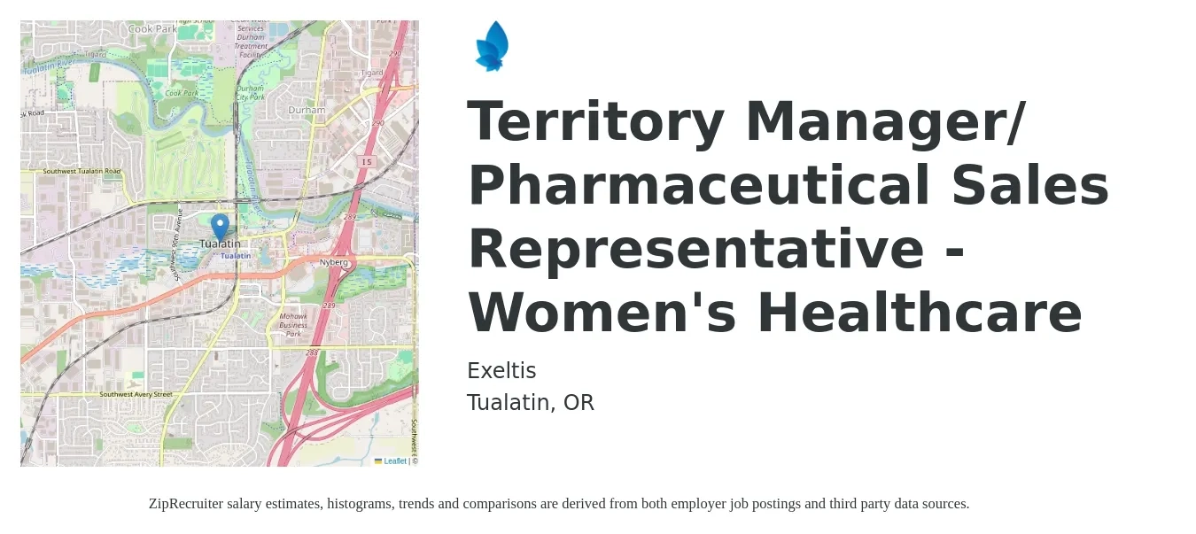 Exeltis job posting for a Territory Manager/ Pharmaceutical Sales Representative - Women's Healthcare in Tualatin, OR with a salary of $52,100 to $86,400 Yearly with a map of Tualatin location.