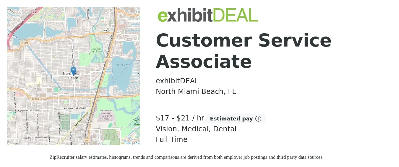 exhibitDEAL job posting for a Customer Service Associate in North Miami Beach, FL with a salary of $18 to $22 Hourly and benefits including dental, life_insurance, medical, pto, retirement, and vision with a map of North Miami Beach location.