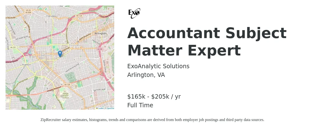 ExoAnalytic Solutions job posting for a Accountant Subject Matter Expert in Arlington, VA with a salary of $165,000 to $205,000 Yearly with a map of Arlington location.