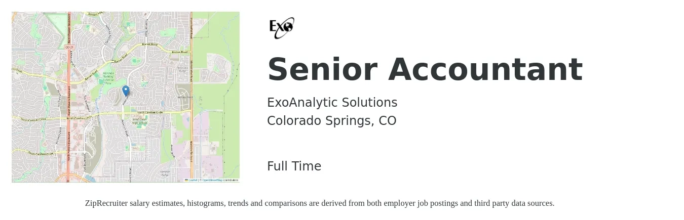 ExoAnalytic Solutions job posting for a Senior Accountant in Colorado Springs, CO with a salary of $85,000 to $120,000 Yearly with a map of Colorado Springs location.