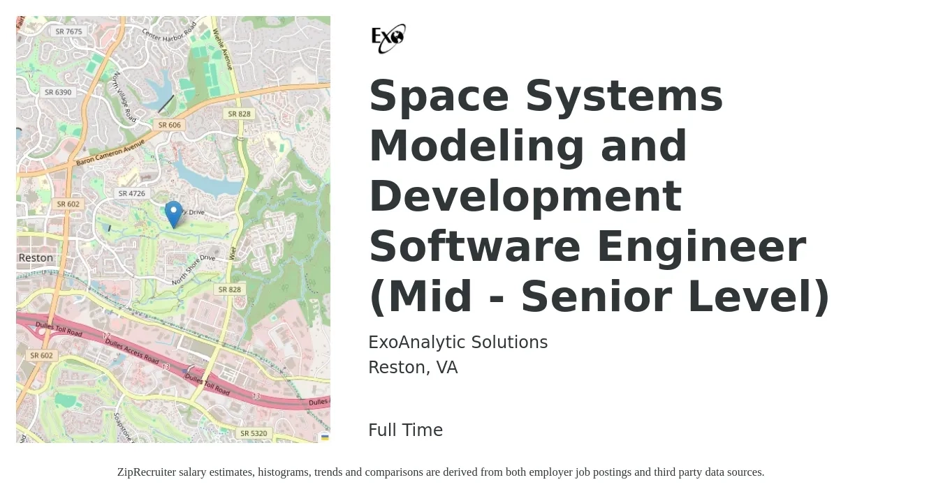 ExoAnalytic Solutions job posting for a Space Systems Modeling and Development Software Engineer (Mid - Senior Level) in Reston, VA with a salary of $112,000 to $200,000 Yearly with a map of Reston location.