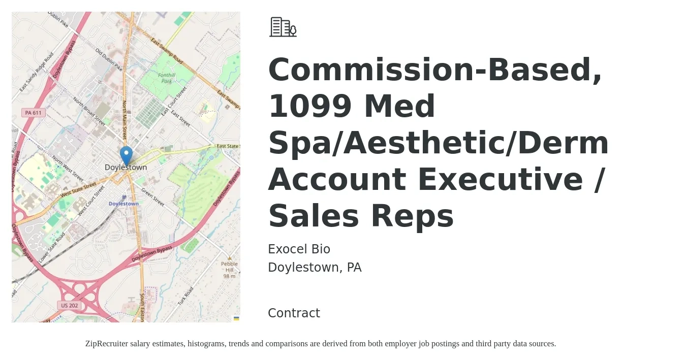 Exocel Bio job posting for a Commission-Based, 1099 Med Spa/Aesthetic/Derm Account Executive / Sales Reps in Doylestown, PA with a salary of $48,500 to $70,500 Yearly with a map of Doylestown location.