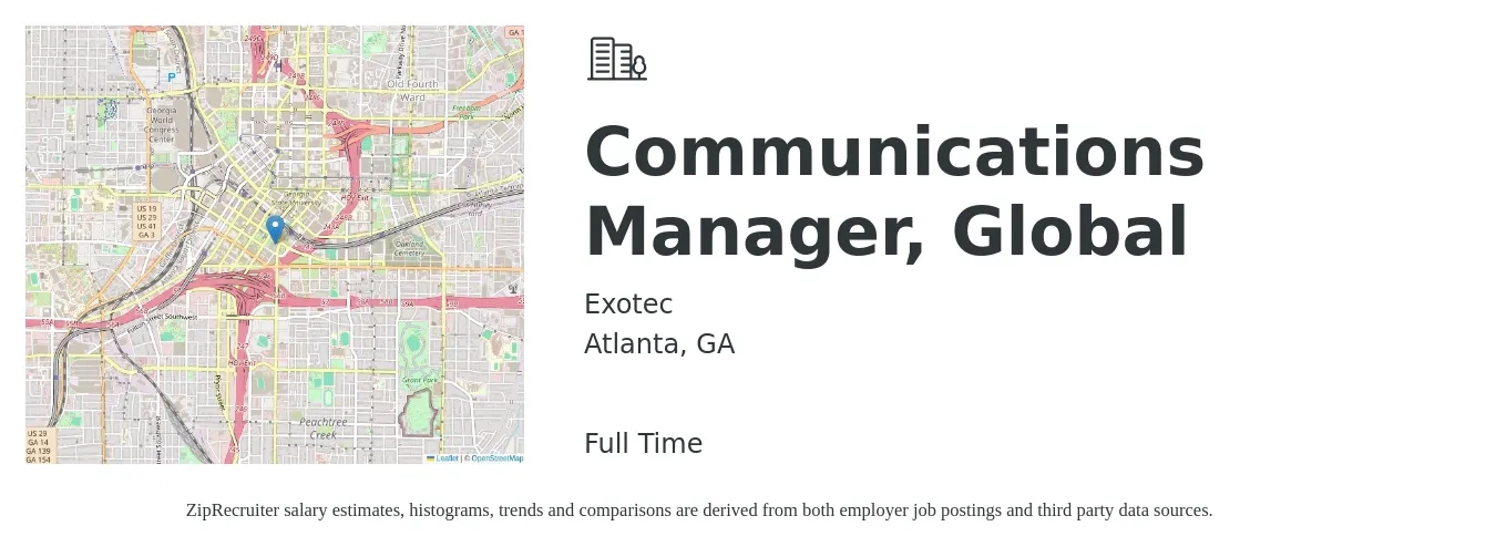 Exotec job posting for a Communications Manager, Global in Atlanta, GA with a salary of $63,500 to $93,800 Yearly with a map of Atlanta location.