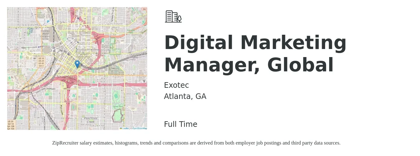 Exotec job posting for a Digital Marketing Manager, Global in Atlanta, GA with a salary of $65,900 to $96,200 Yearly with a map of Atlanta location.
