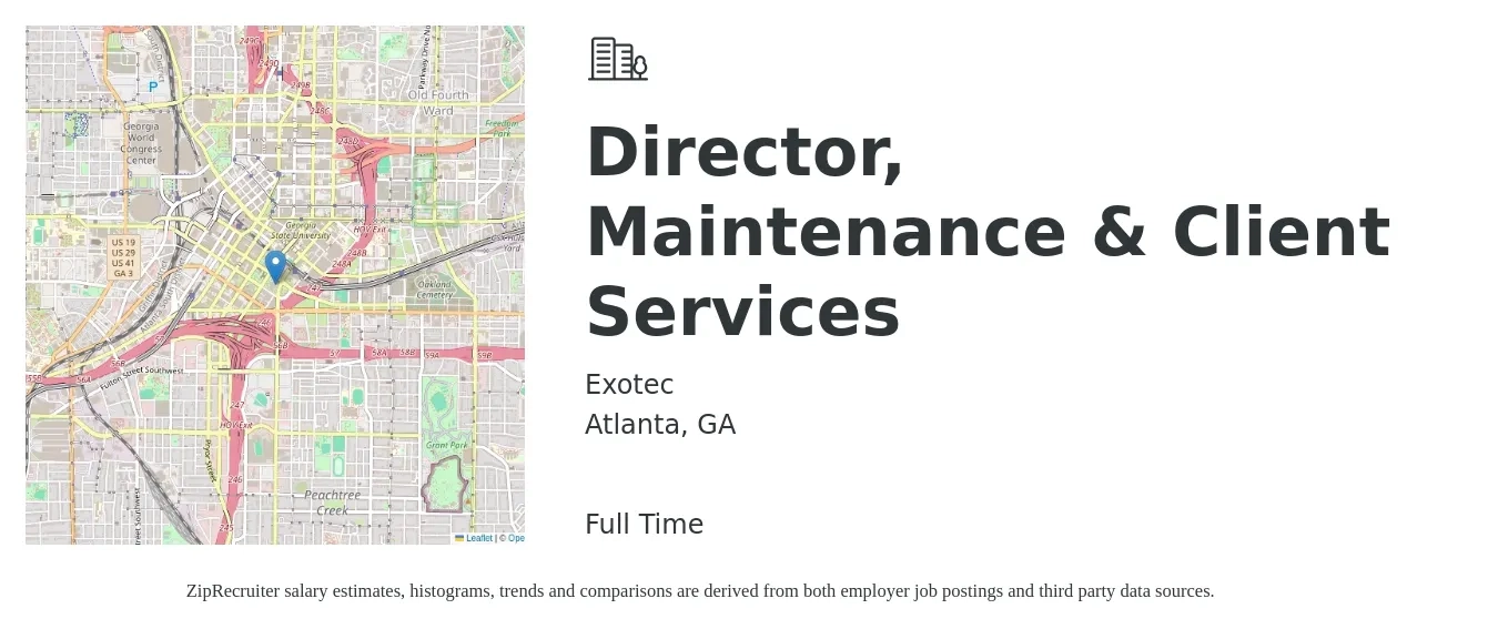 Exotec job posting for a Director, Maintenance & Client Services in Atlanta, GA with a salary of $50,500 to $84,100 Yearly with a map of Atlanta location.