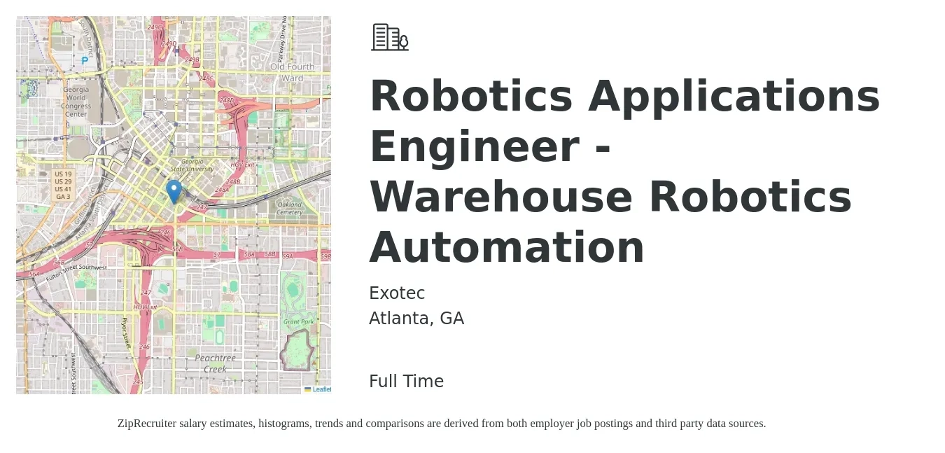 Exotec job posting for a Robotics Applications Engineer - Warehouse Robotics Automation in Atlanta, GA with a salary of $80,300 to $122,100 Yearly with a map of Atlanta location.