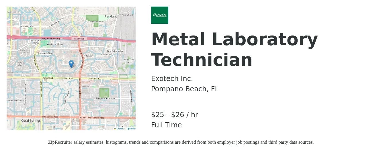 Exotech Inc. job posting for a Metal Laboratory Technician in Pompano Beach, FL with a salary of $26 to $28 Hourly and benefits including vision, dental, life_insurance, medical, pto, and retirement with a map of Pompano Beach location.