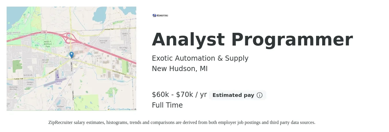 Exotic Automation & Supply job posting for a Analyst Programmer in New Hudson, MI with a salary of $60,000 to $70,000 Yearly with a map of New Hudson location.