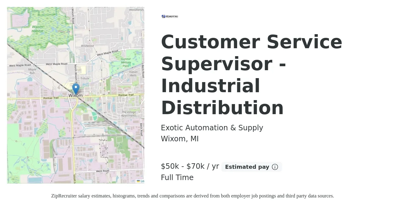 Exotic Automation & Supply job posting for a Customer Service Supervisor - Industrial Distribution in Wixom, MI with a salary of $50,000 to $70,000 Yearly with a map of Wixom location.