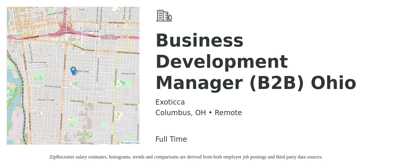 Exoticca job posting for a Business Development Manager (B2B) Ohio in Columbus, OH with a salary of $58,900 to $96,600 Yearly with a map of Columbus location.