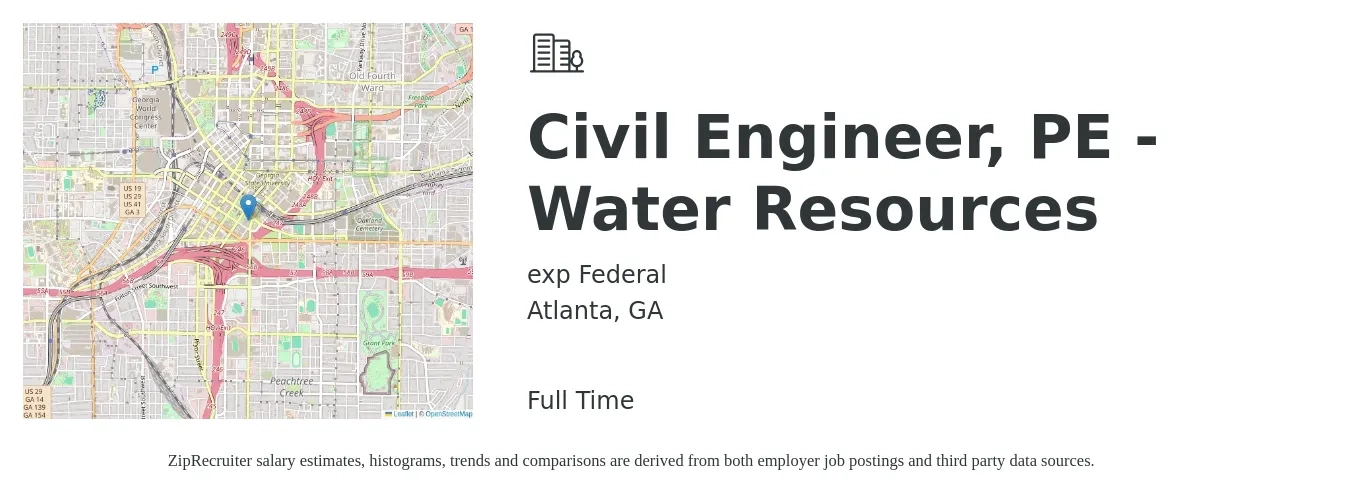 exp Federal job posting for a Civil Engineer, PE - Water Resources in Atlanta, GA with a salary of $66,200 to $96,600 Yearly with a map of Atlanta location.