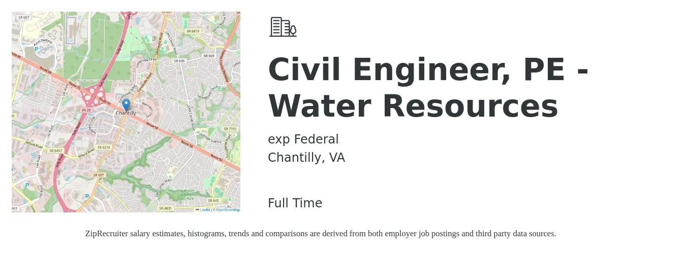 exp Federal job posting for a Civil Engineer, PE - Water Resources in Chantilly, VA with a salary of $69,800 to $101,800 Yearly with a map of Chantilly location.