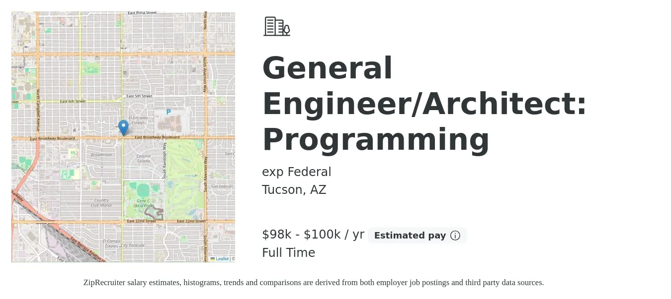 exp Federal job posting for a General Engineer/Architect: Programming in Tucson, AZ with a salary of $98,000 to $100,000 Yearly with a map of Tucson location.