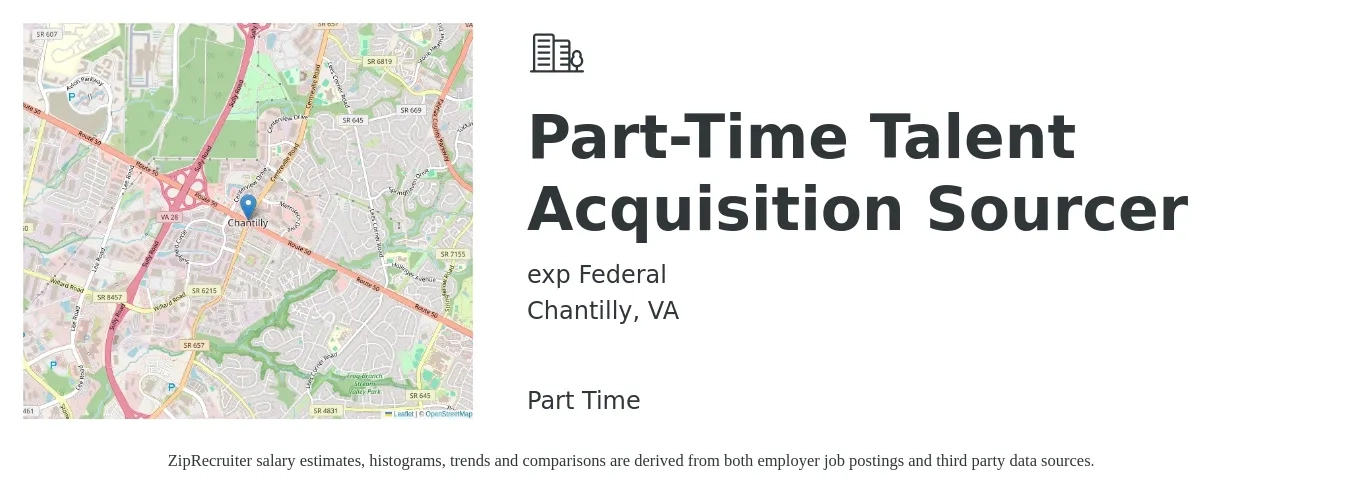 exp Federal job posting for a Part-Time Talent Acquisition Sourcer in Chantilly, VA with a salary of $28 to $36 Hourly with a map of Chantilly location.