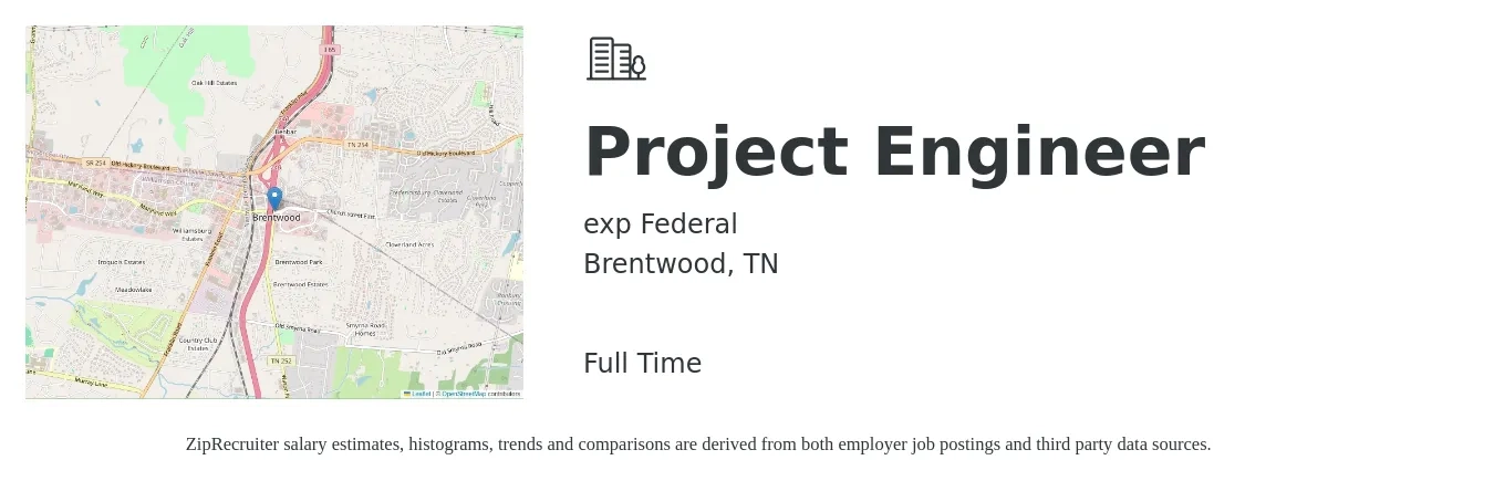 exp Federal job posting for a Project Engineer in Brentwood, TN with a salary of $70,000 to $97,900 Yearly with a map of Brentwood location.