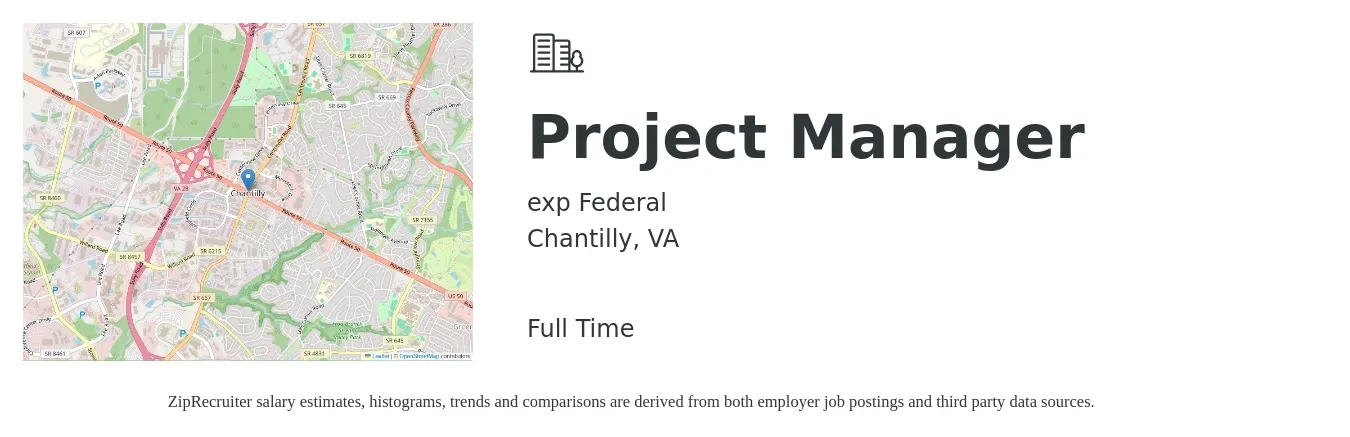 exp Federal job posting for a Project Manager in Chantilly, VA with a salary of $81,100 to $127,100 Yearly with a map of Chantilly location.