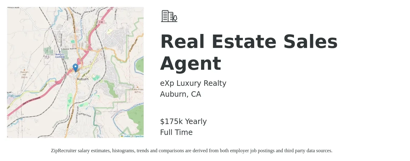 eXp Luxury Realty job posting for a Real Estate Sales Agent in Auburn, CA with a salary of $175,000 Yearly with a map of Auburn location.
