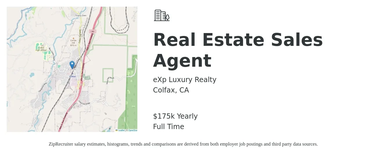 eXp Luxury Realty job posting for a Real Estate Sales Agent in Colfax, CA with a salary of $175,000 Yearly with a map of Colfax location.