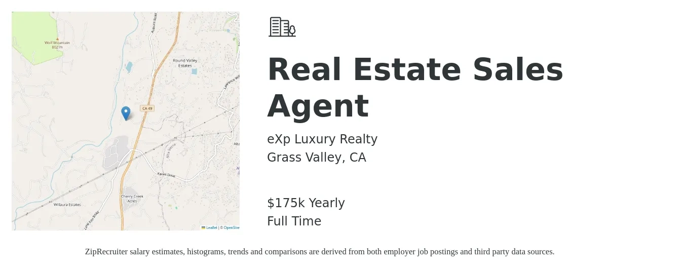 eXp Luxury Realty job posting for a Real Estate Sales Agent in Grass Valley, CA with a salary of $175,000 Yearly with a map of Grass Valley location.