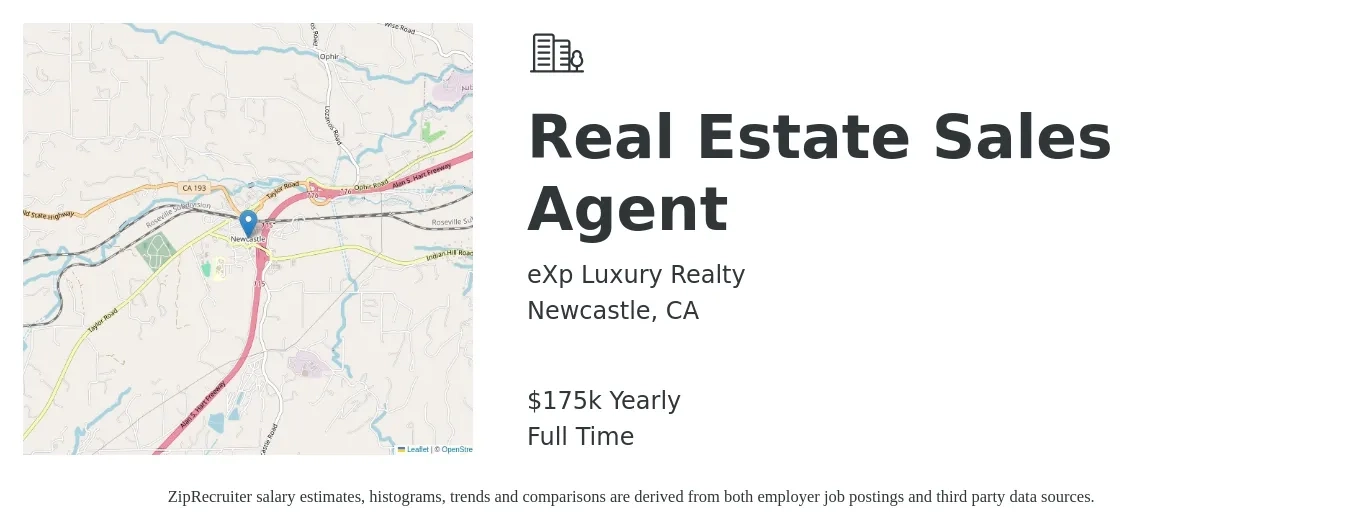 eXp Luxury Realty job posting for a Real Estate Sales Agent in Newcastle, CA with a salary of $175,000 Yearly with a map of Newcastle location.