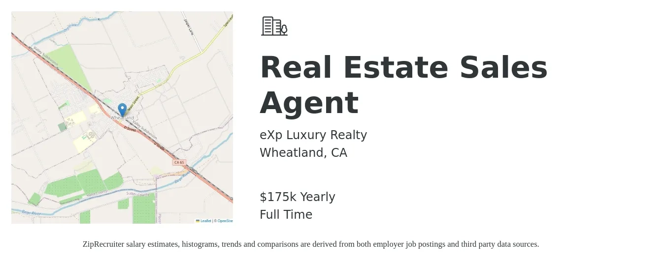 eXp Luxury Realty job posting for a Real Estate Sales Agent in Wheatland, CA with a salary of $175,000 Yearly with a map of Wheatland location.