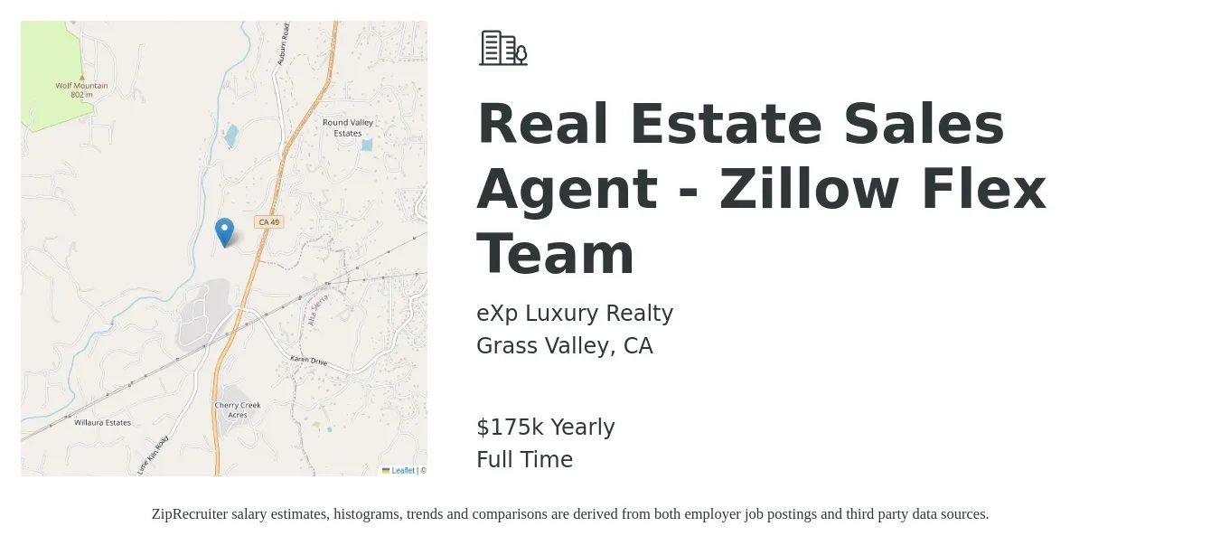 eXp Luxury Realty job posting for a Real Estate Sales Agent - Zillow Flex Team in Grass Valley, CA with a salary of $175,000 Yearly with a map of Grass Valley location.