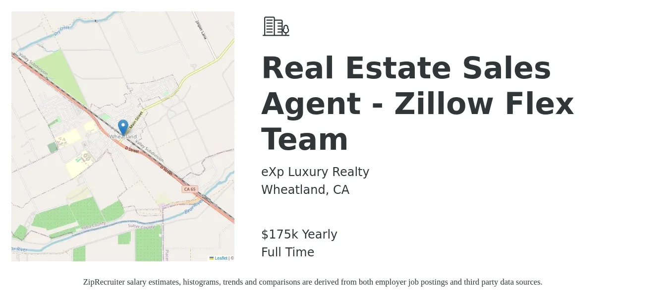 eXp Luxury Realty job posting for a Real Estate Sales Agent - Zillow Flex Team in Wheatland, CA with a salary of $175,000 Yearly with a map of Wheatland location.