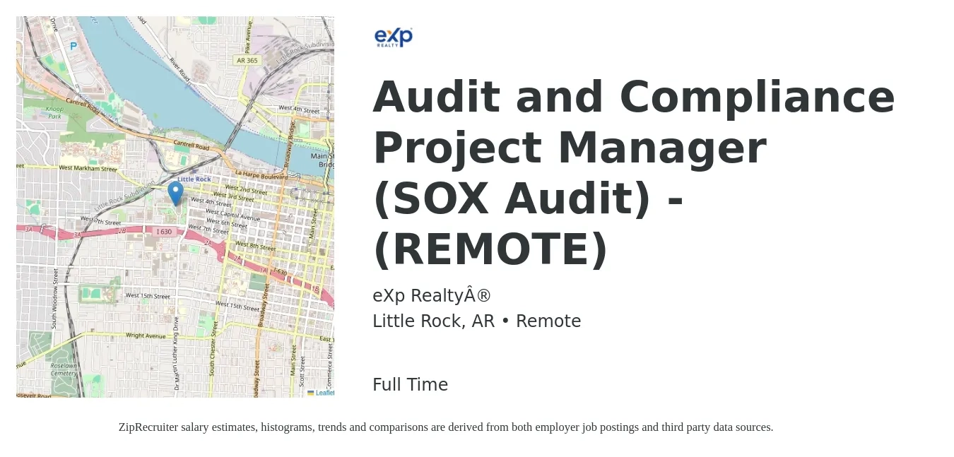eXp Realty® job posting for a Audit and Compliance Project Manager (SOX Audit) - (REMOTE) in Little Rock, AR with a salary of $96,900 to $128,500 Yearly with a map of Little Rock location.