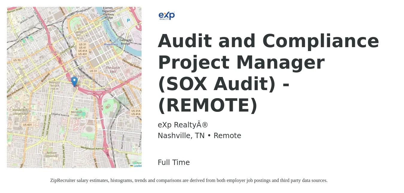 eXp Realty® job posting for a Audit and Compliance Project Manager (SOX Audit) - (REMOTE) in Nashville, TN with a salary of $97,600 to $129,400 Yearly with a map of Nashville location.
