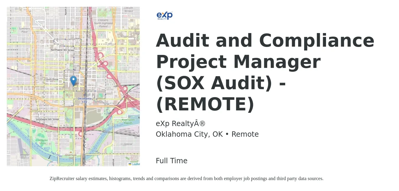 eXp Realty® job posting for a Audit and Compliance Project Manager (SOX Audit) - (REMOTE) in Oklahoma City, OK with a salary of $93,800 to $124,500 Yearly with a map of Oklahoma City location.