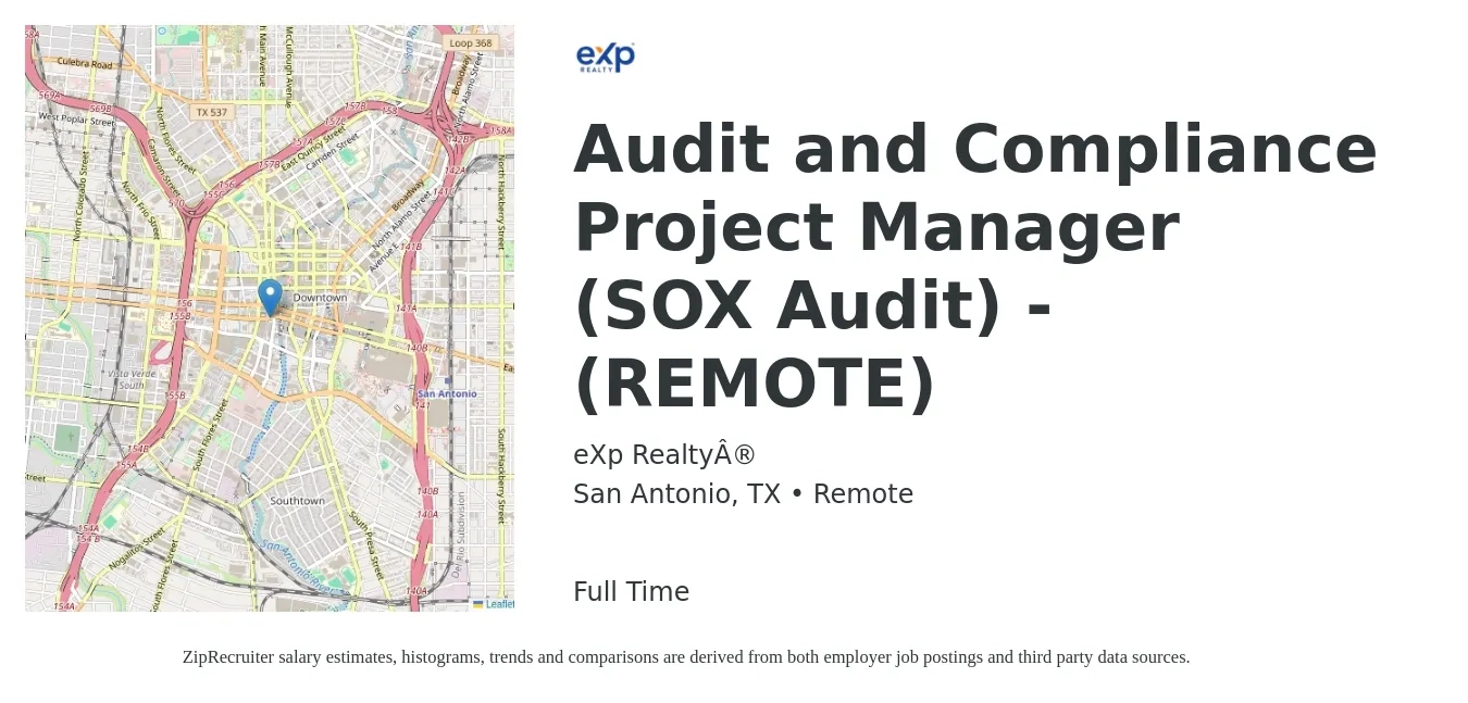 eXp Realty® job posting for a Audit and Compliance Project Manager (SOX Audit) - (REMOTE) in San Antonio, TX with a salary of $91,100 to $120,900 Yearly with a map of San Antonio location.