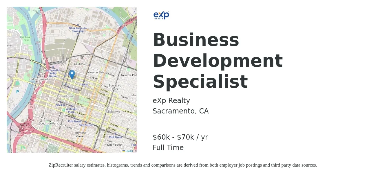 eXp Realty job posting for a Business Development Specialist in Sacramento, CA with a salary of $60,000 to $70,000 Yearly with a map of Sacramento location.